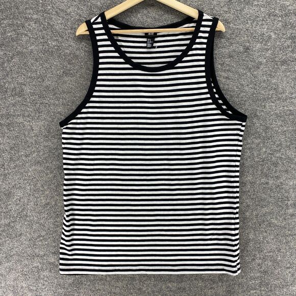 H&M Tank Women XL White Striped Sleeveless Round Neck Cotton Wide Strap Casual - Picture 1 of 9